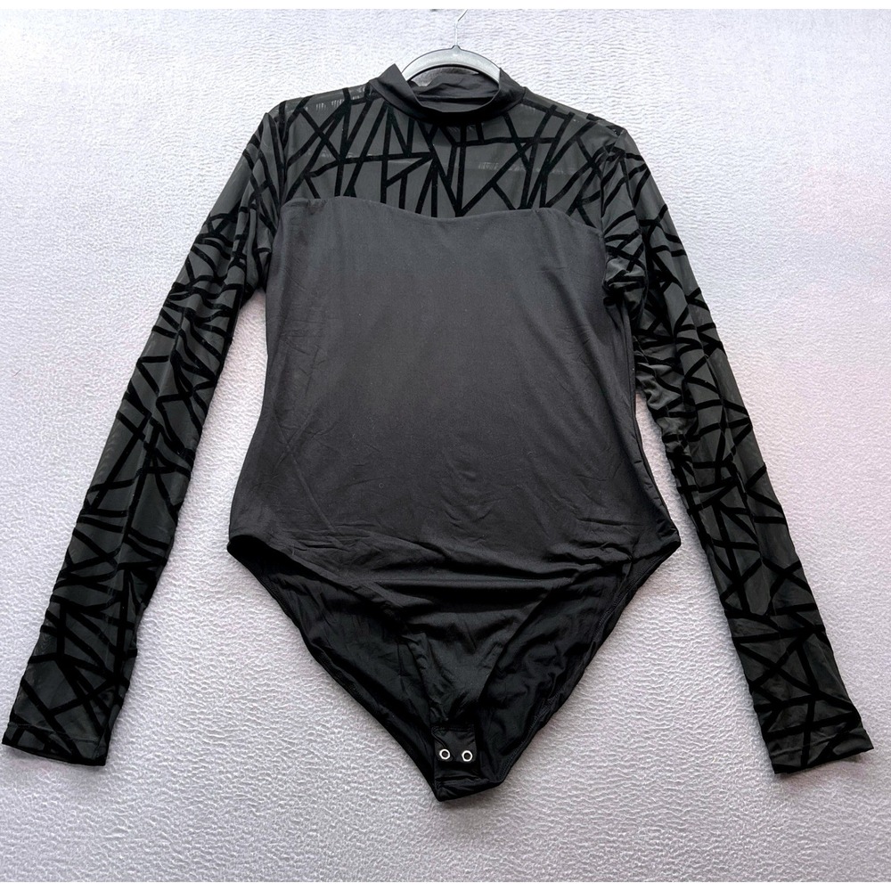 AVIDLOVE Bodysuit Womens XXL Black Geometric Mesh Mock Neck